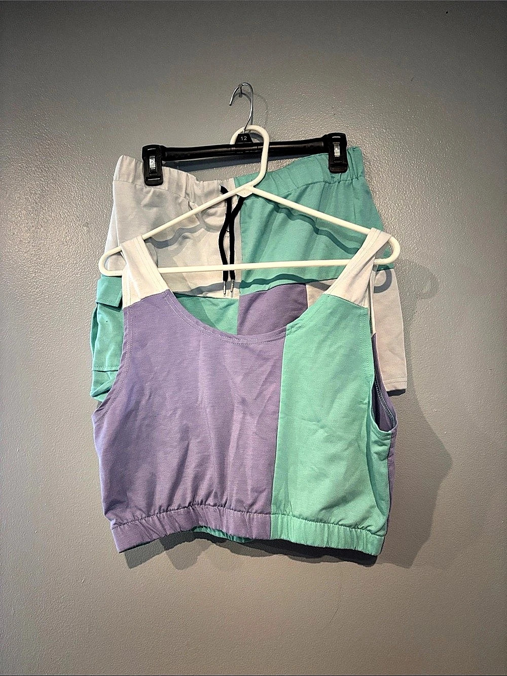 Color Block Crop Top in Green & Purple with Matching Shorts Set